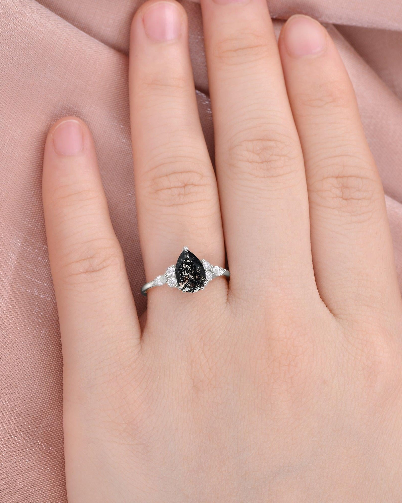 Pear Black Rutilated Quartz Vintage Ring - Felicegals 丨Wedding ring 丨Fashion ring 丨Diamond ring 丨Gemstone ring