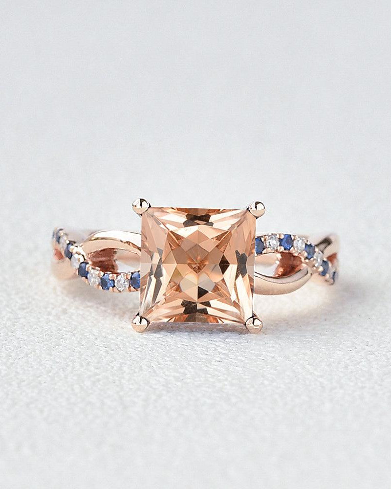 Princess Cut Morganite & Sapphire Infinity Rose Gold Ring - Felicegals 丨Wedding ring 丨Fashion ring 丨Diamond ring 丨Gemstone ring--Felicegals