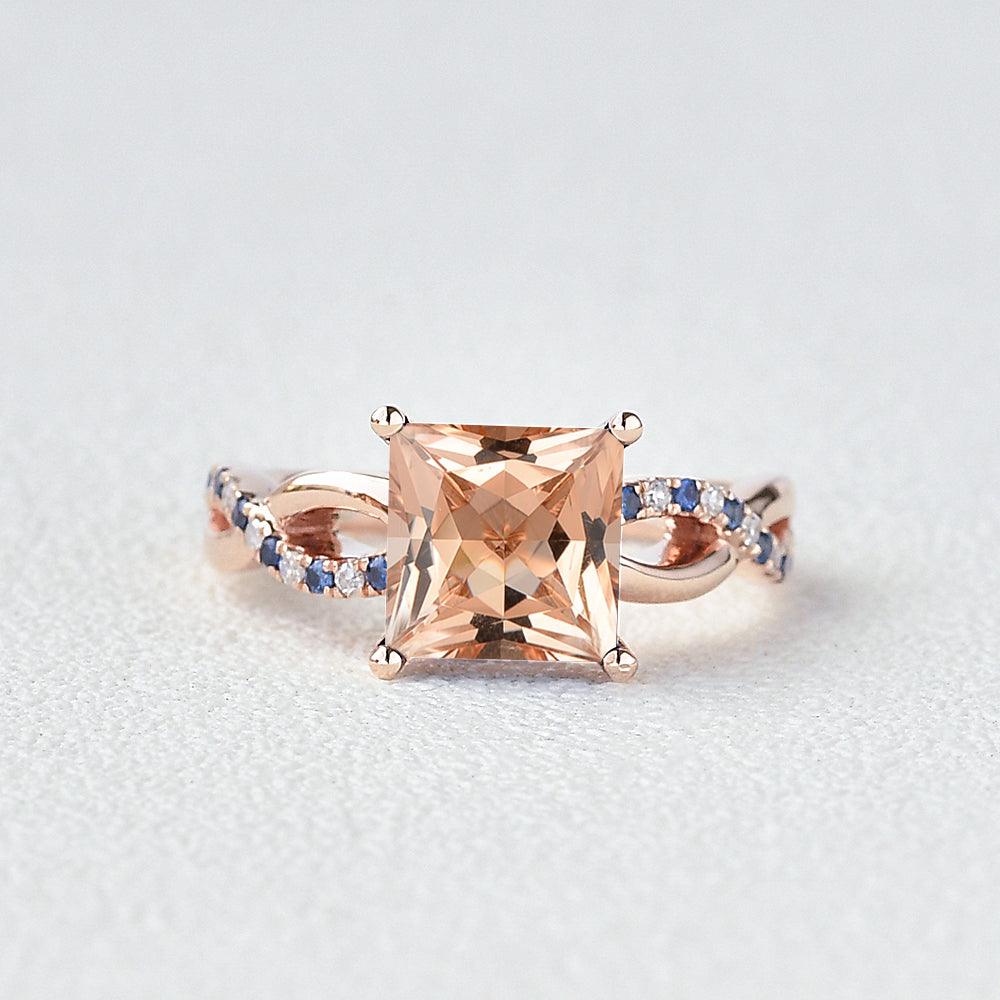Princess Cut Morganite & Sapphire Infinity Rose Gold Ring - Felicegals 丨Wedding ring 丨Fashion ring 丨Diamond ring 丨Gemstone ring--Felicegals