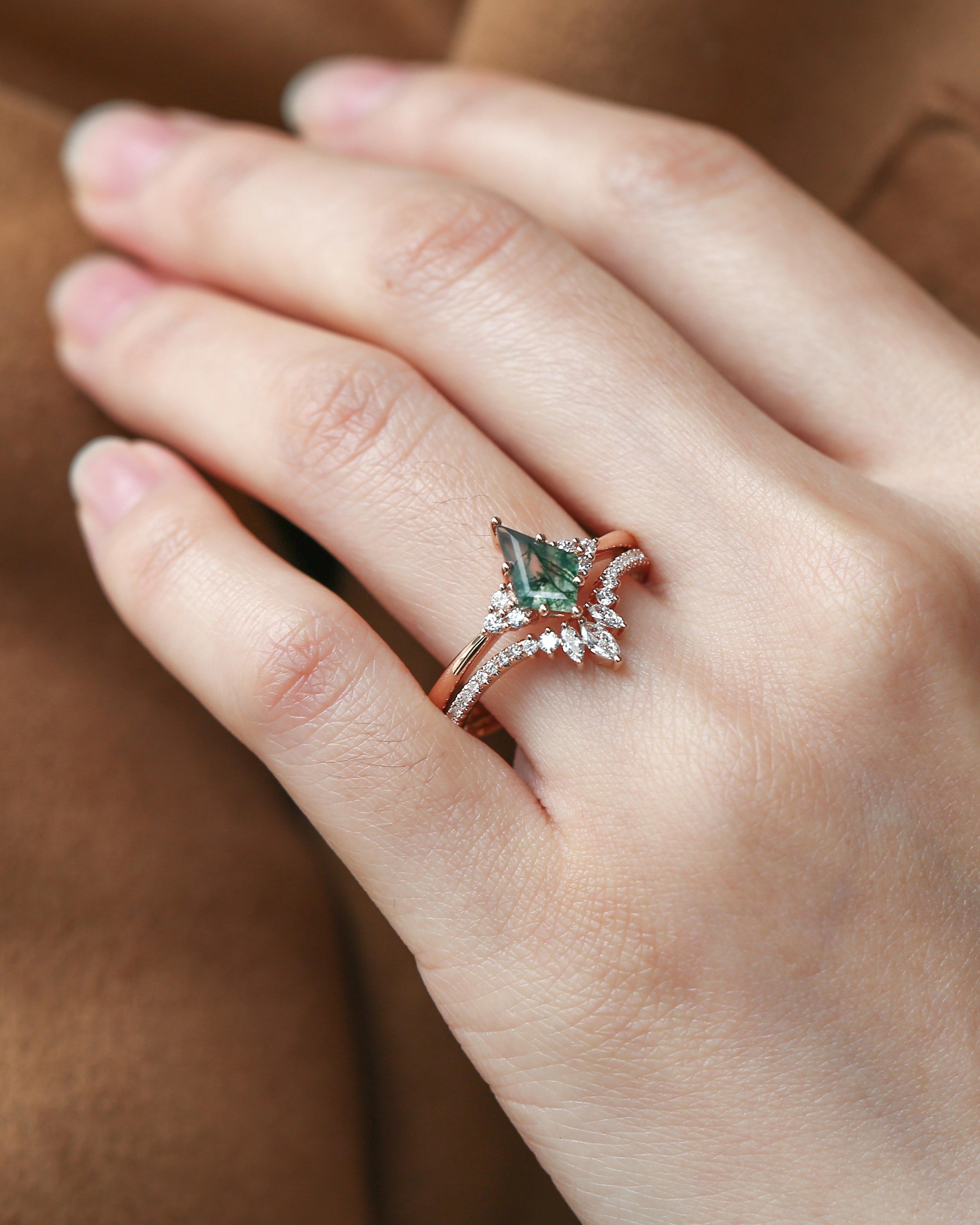 Moss Agate engagement ring, affordable engagement rings, bridal sets rings