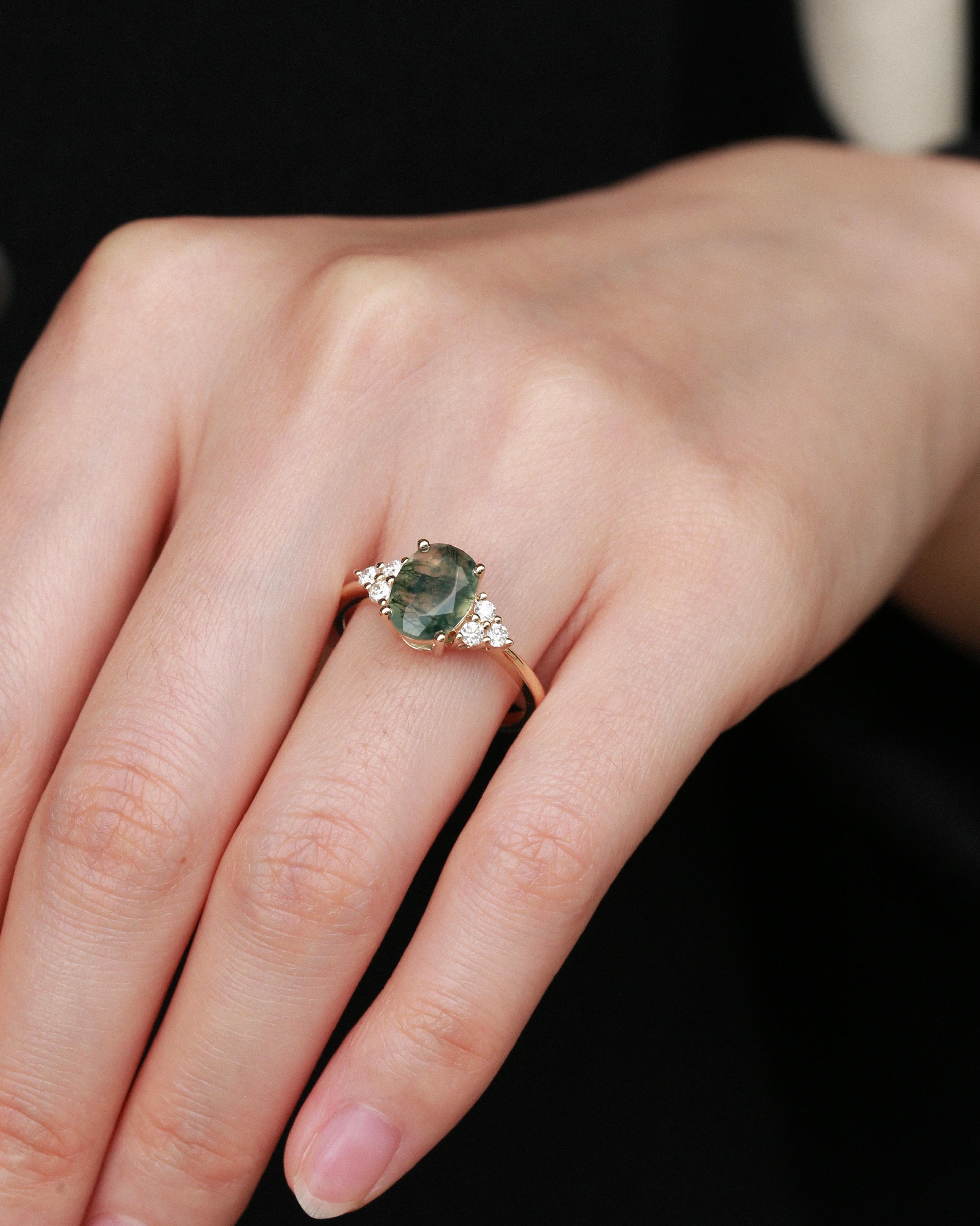 Oval Moss Agate Classic Cluster Engagement Ring - Aurora