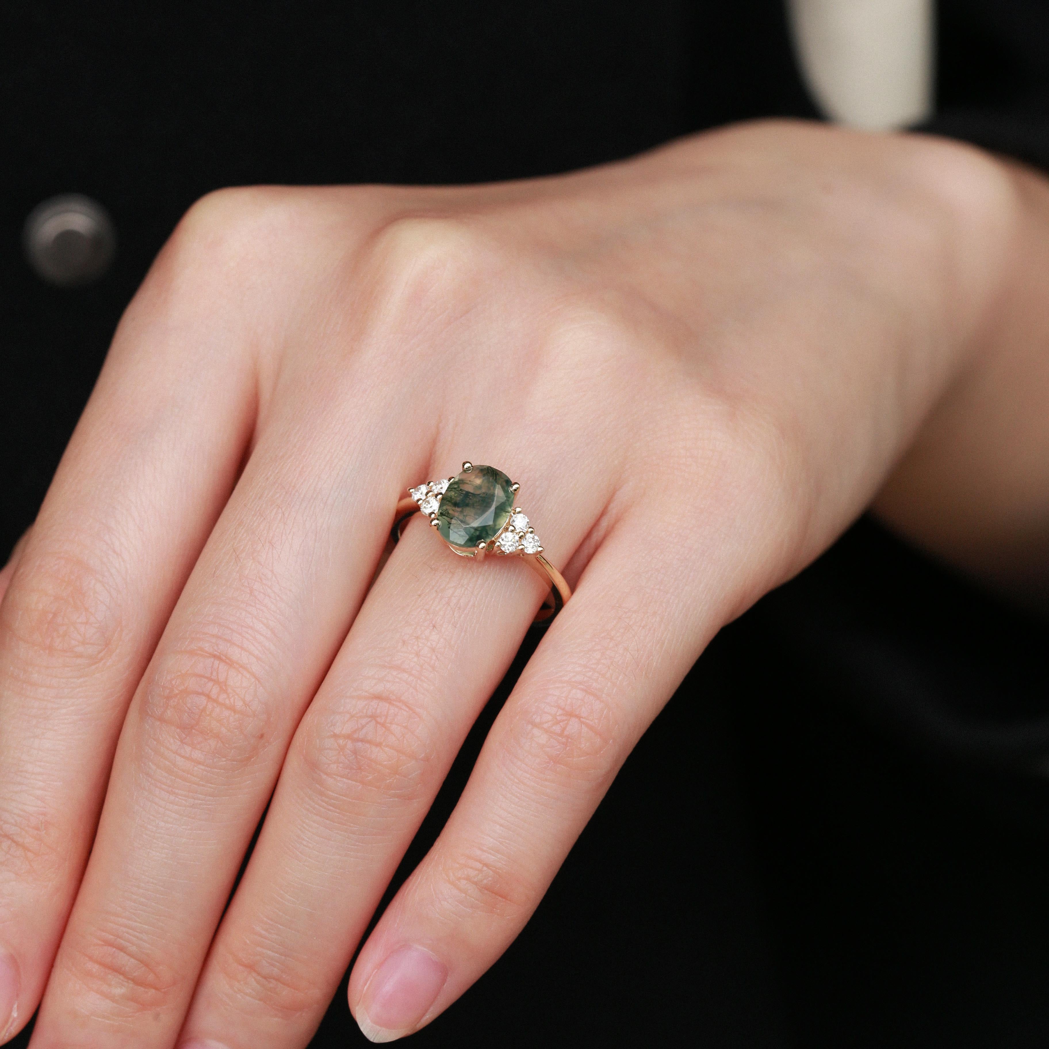 Oval Moss Agate Classic Cluster Engagement Ring - Aurora