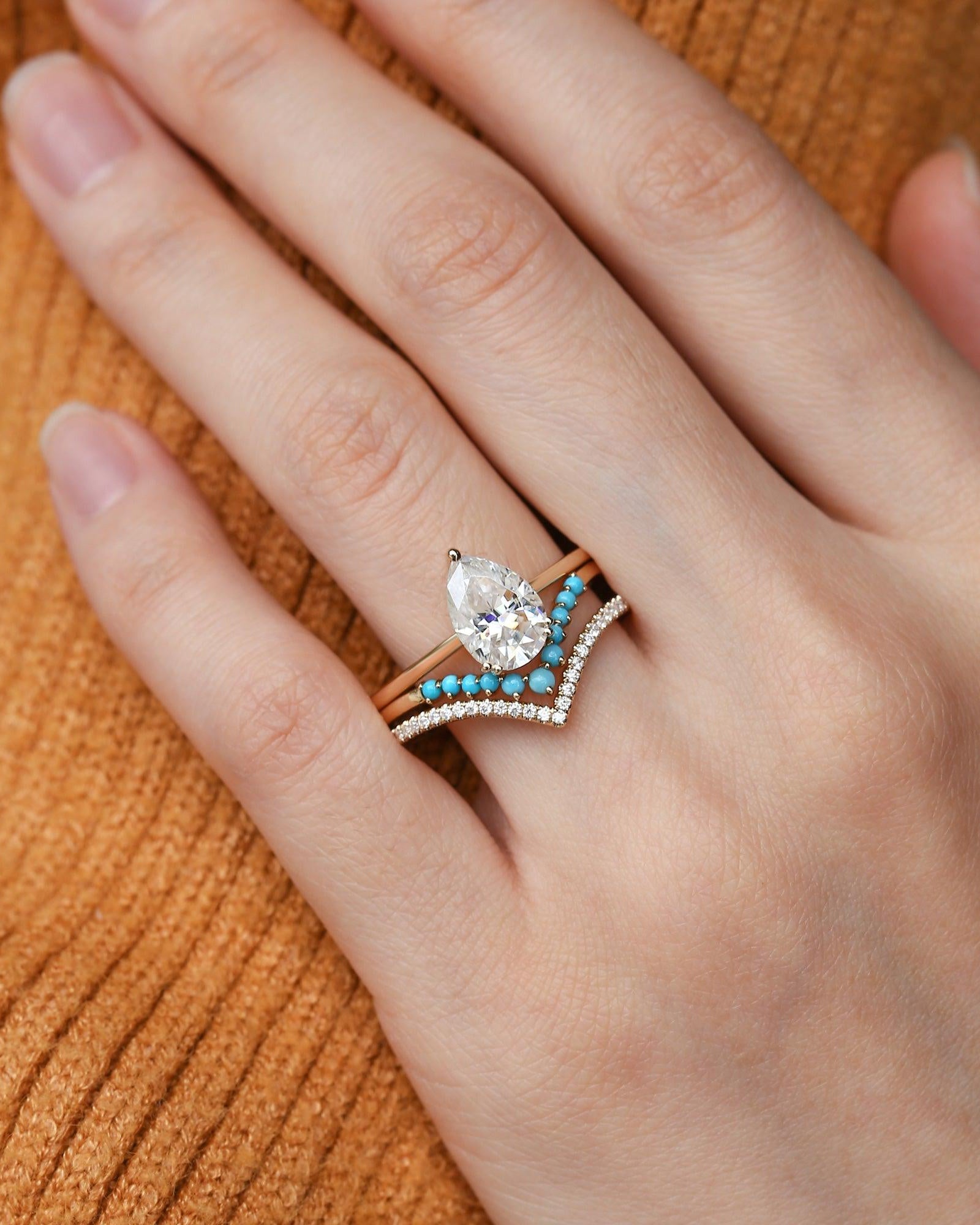 Art-Deco Pear Shaped Moissanite & Turquoise Ring Set 3pcs - Felicegals 丨Wedding ring 丨Fashion ring 丨Diamond ring 丨Gemstone ring