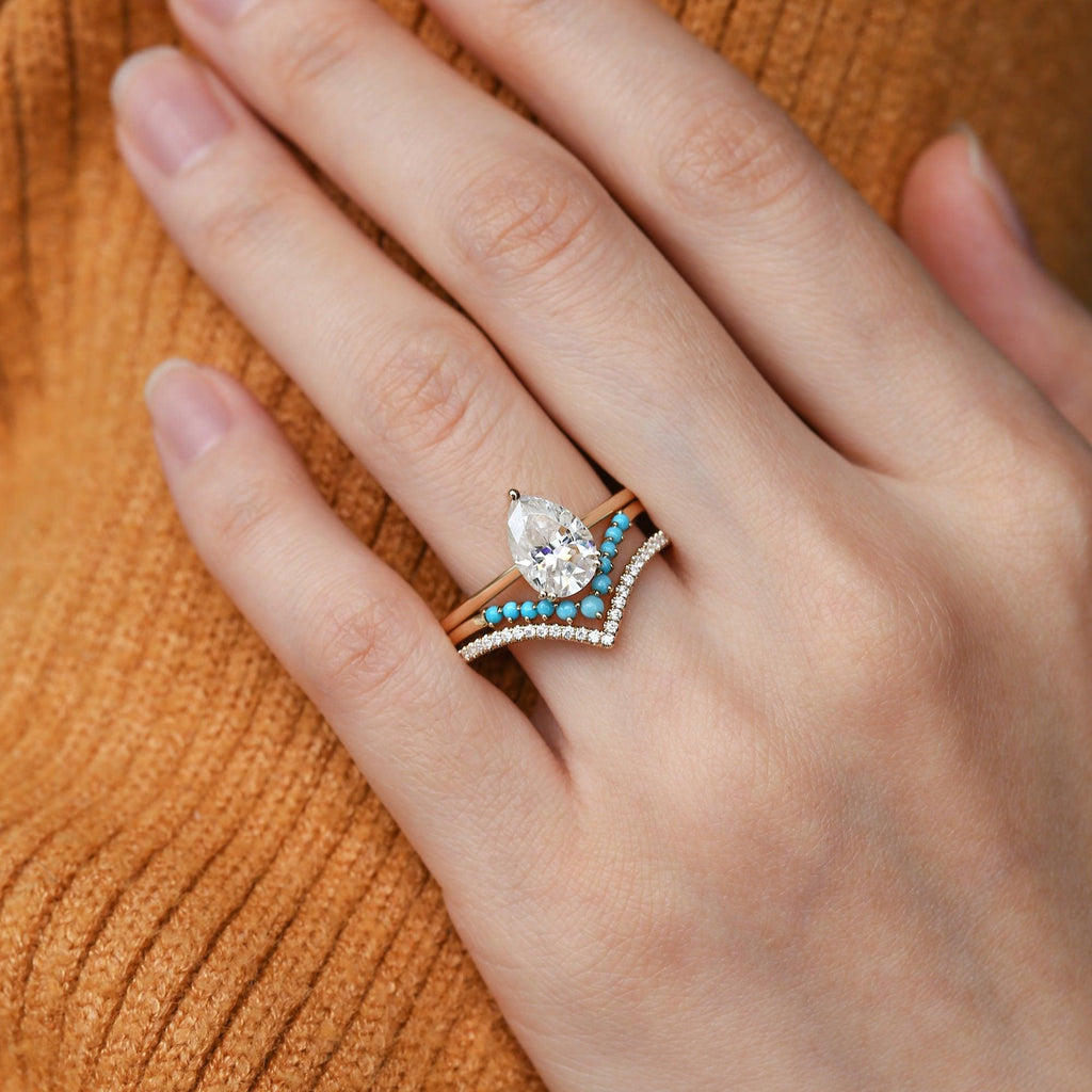 Art-Deco Pear Shaped Moissanite & Turquoise Ring Set 3pcs - Felicegals 丨Wedding ring 丨Fashion ring 丨Diamond ring 丨Gemstone ring