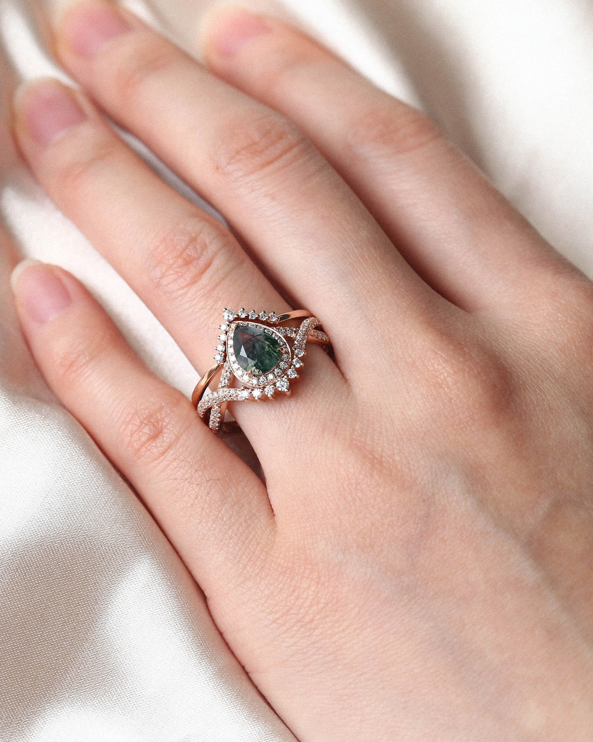 Pear Moss Agate Infinity Ring Set 2pcs - Valentina