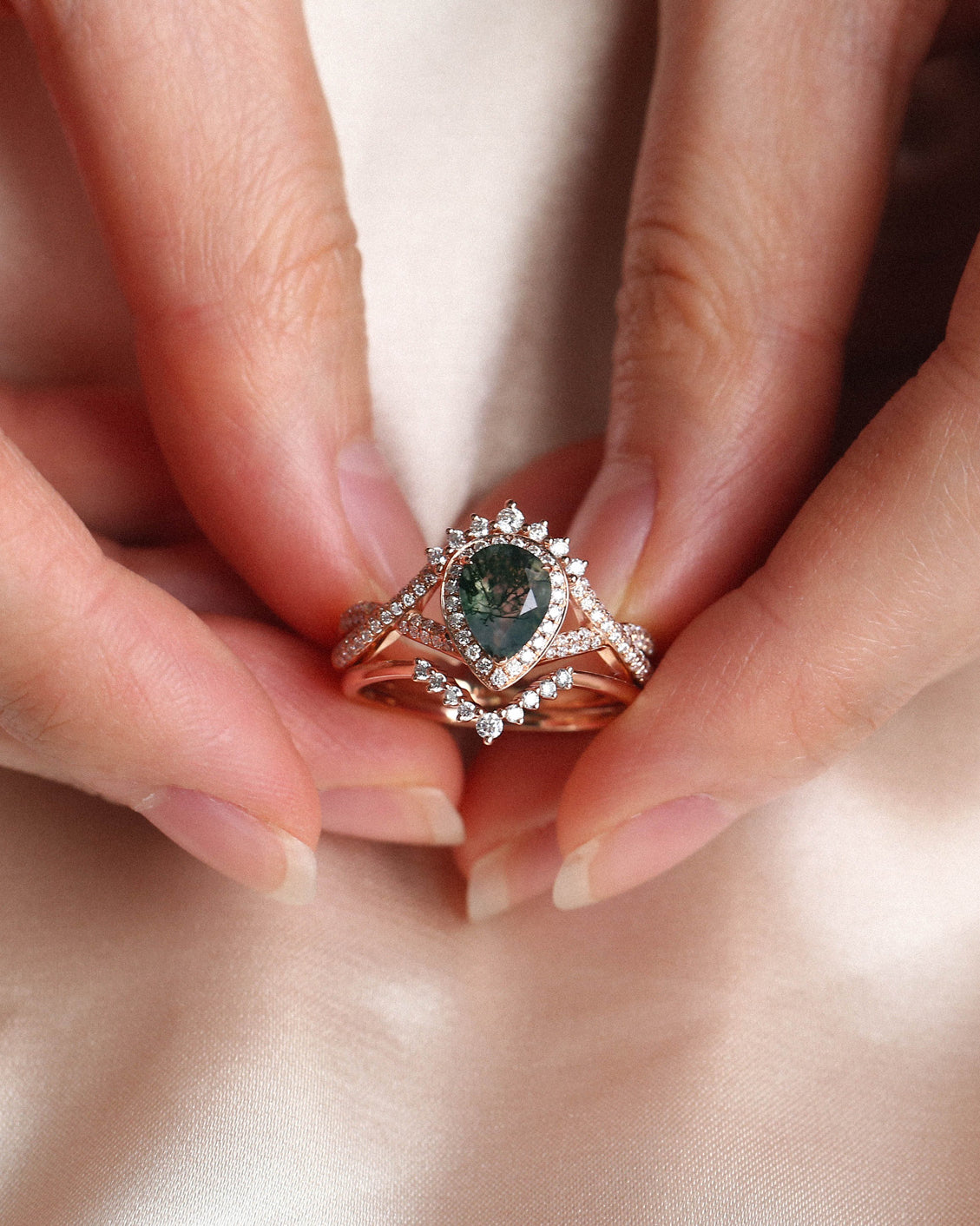 Pear Moss Agate Halo Infinity Ring Set 2pcs - Valentina