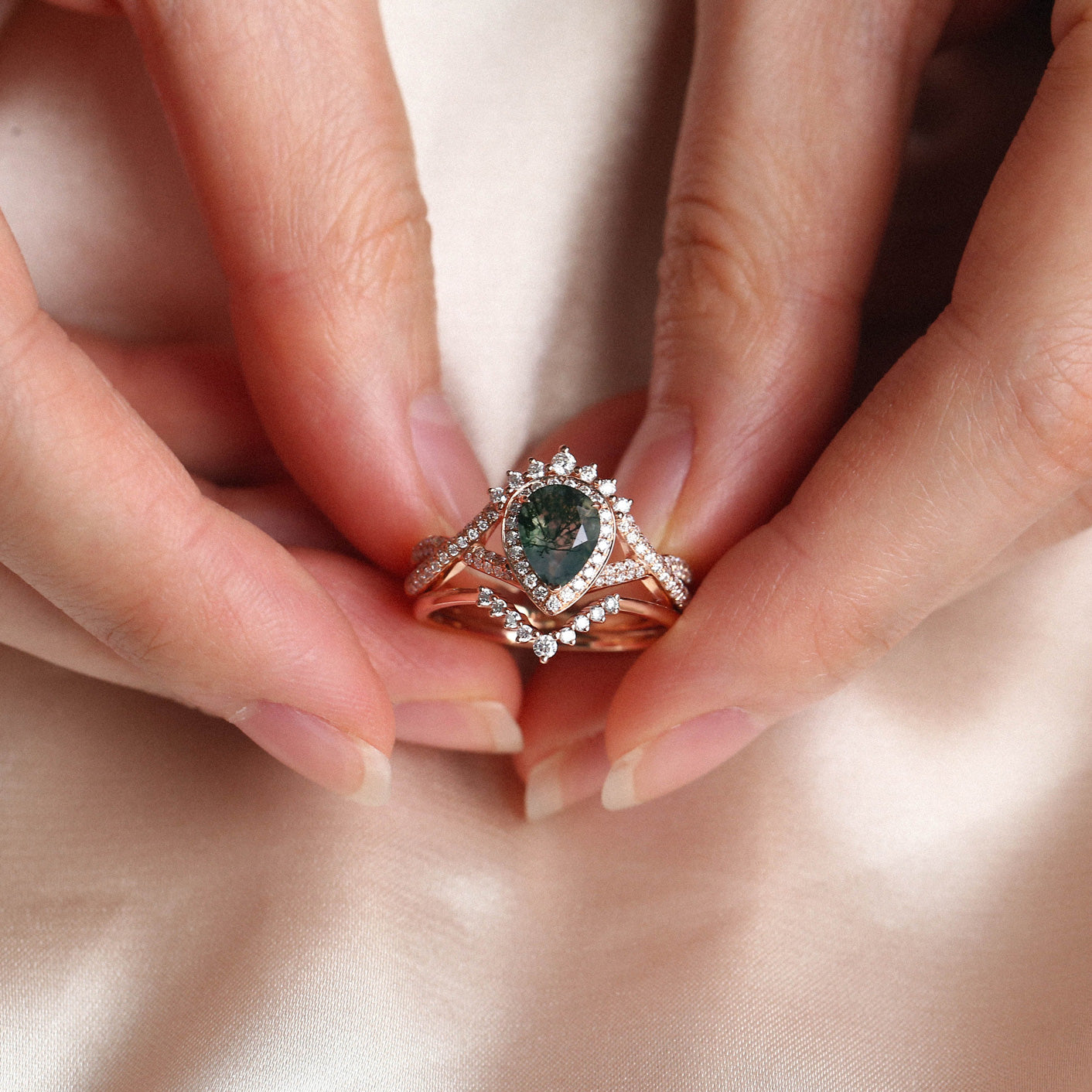 Pear Moss Agate Halo Infinity Ring Set 2pcs - Valentina