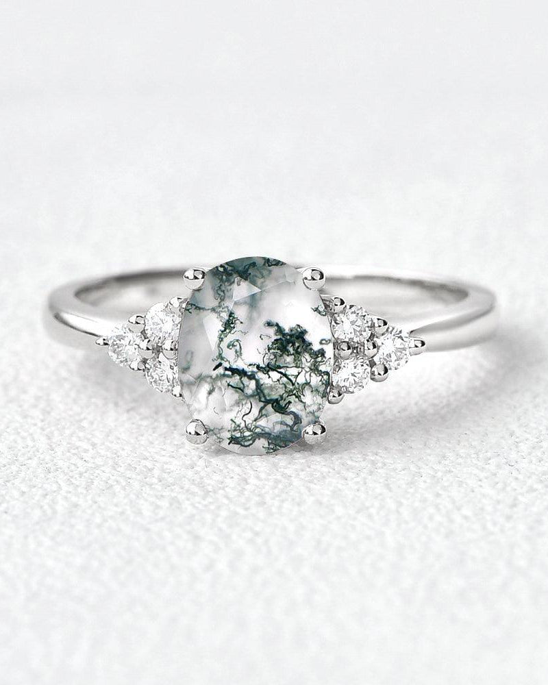 1.5ct Oval Moss Agate Classic Cluster Engagement Ring - Felicegals 丨Wedding ring 丨Fashion ring 丨Diamond ring 丨Gemstone ring