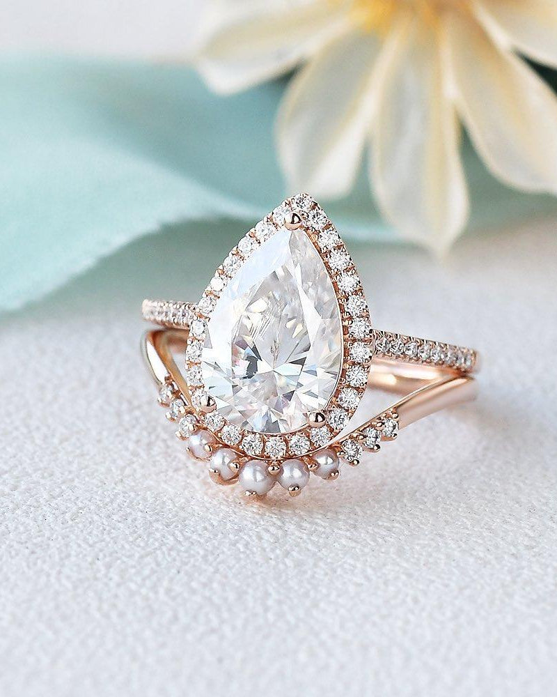 3.5ct Moissanite & Freshwater Pearls Ring Set 2pcs - Felicegals