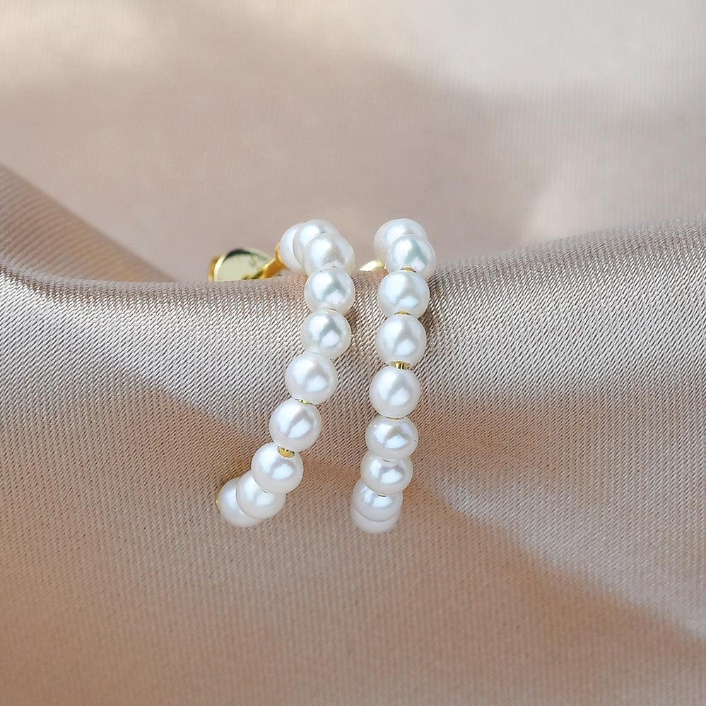 Solid Gold Simple Pearl Huggie Hoops Earrings - Felicegals