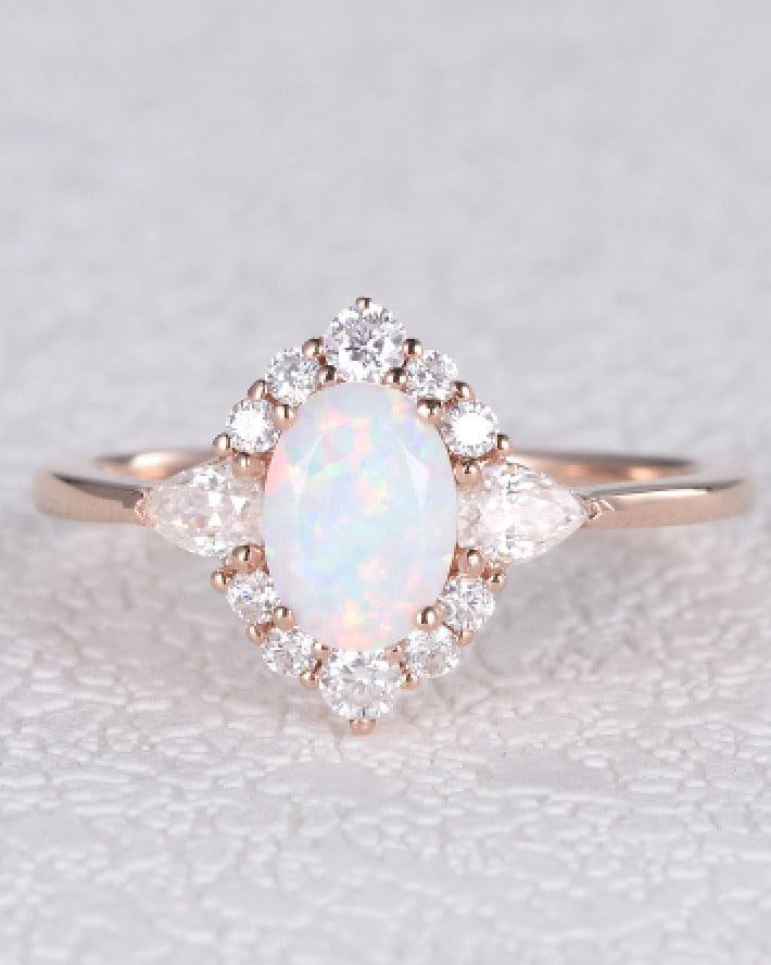 Lab Opal & Moissanite 14K Gold Ring - Felicegals