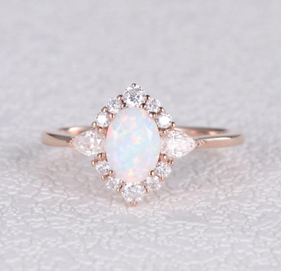 Lab Opal & Moissanite 14K Gold Ring - Felicegals