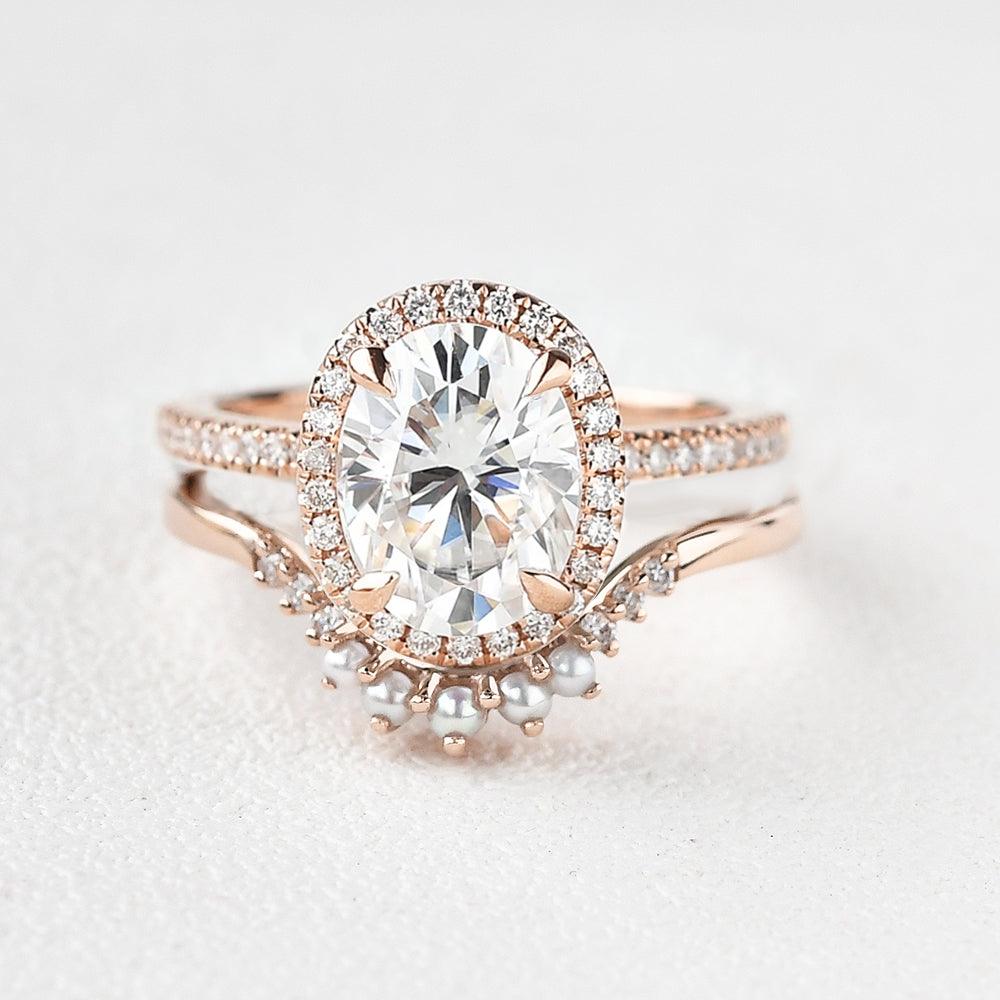 Custom ring for Nattie Monis 3ct Oval Cut Moissanite & Pearl Yellow Gold Ring Set 2pcs/ 12.25 / Solid 14K Yellow Gold - Felicegals