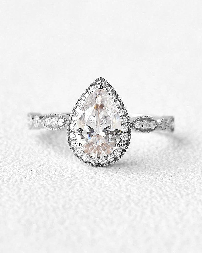 1.5ct Pear Cut Halo Colorless Moissanite Ring - Felicegals
