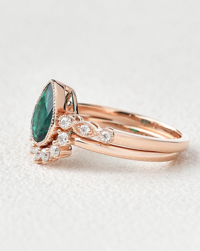 Pear Shaped Emerald Set 2pcs Rose Gold Ring - Felicegals