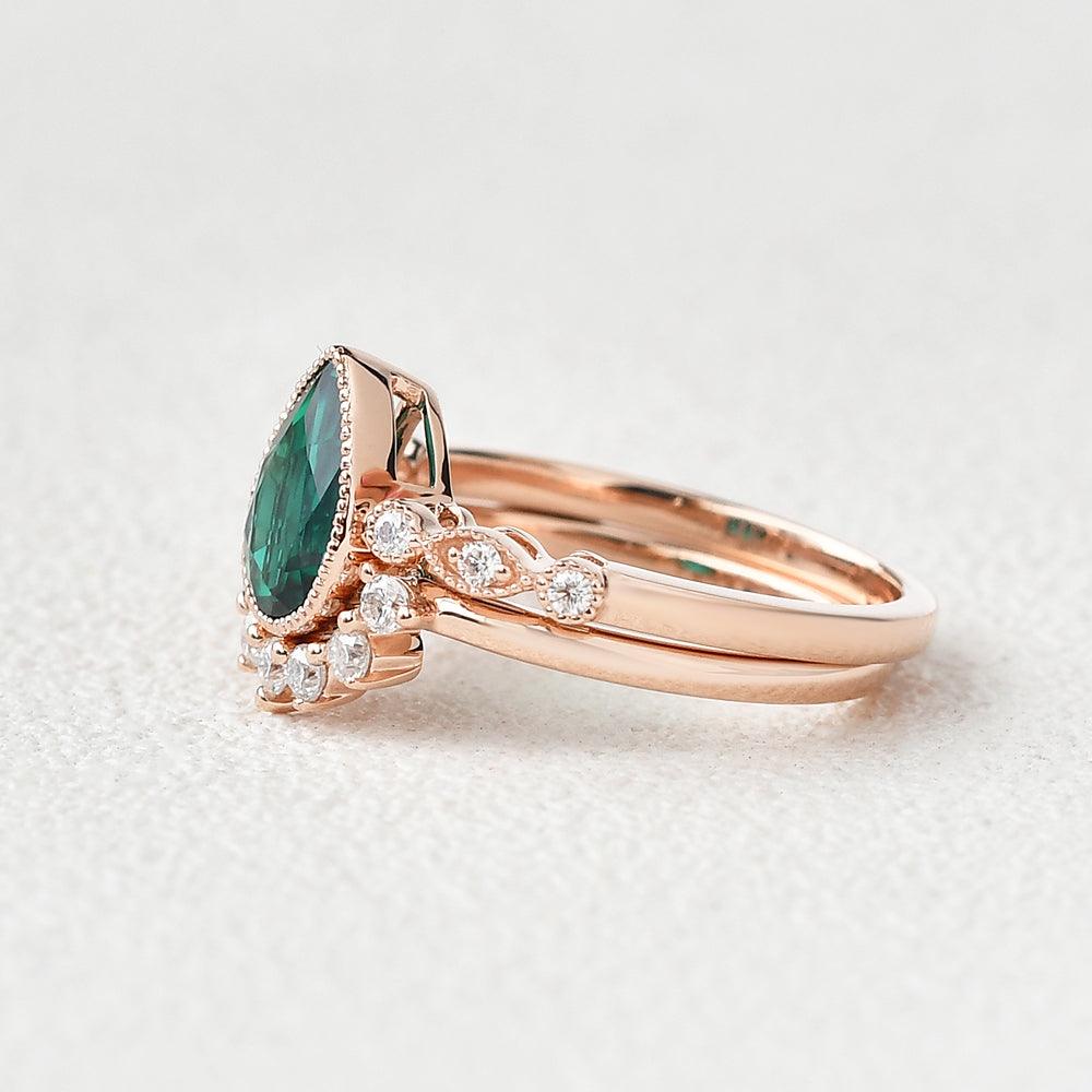 Pear Shaped Emerald Set 2pcs Rose Gold Ring - Felicegals