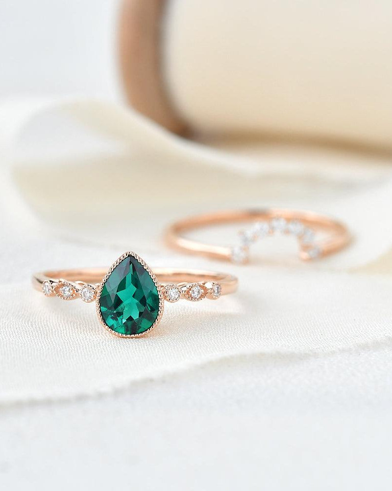 Pear Shaped Lab Emerald Rose Gold Ring - Felicegals
