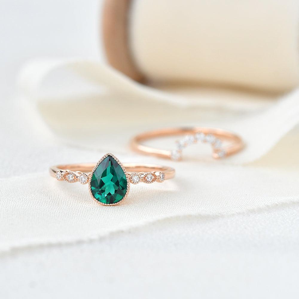 Pear Shaped Lab Emerald Rose Gold Ring - Felicegals