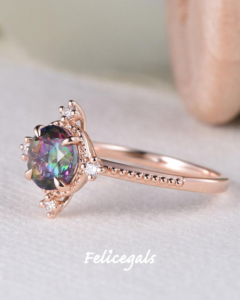 Vintage Inspired Mystic Topaz & Moissanite Rose gold Ring - Felicegals
