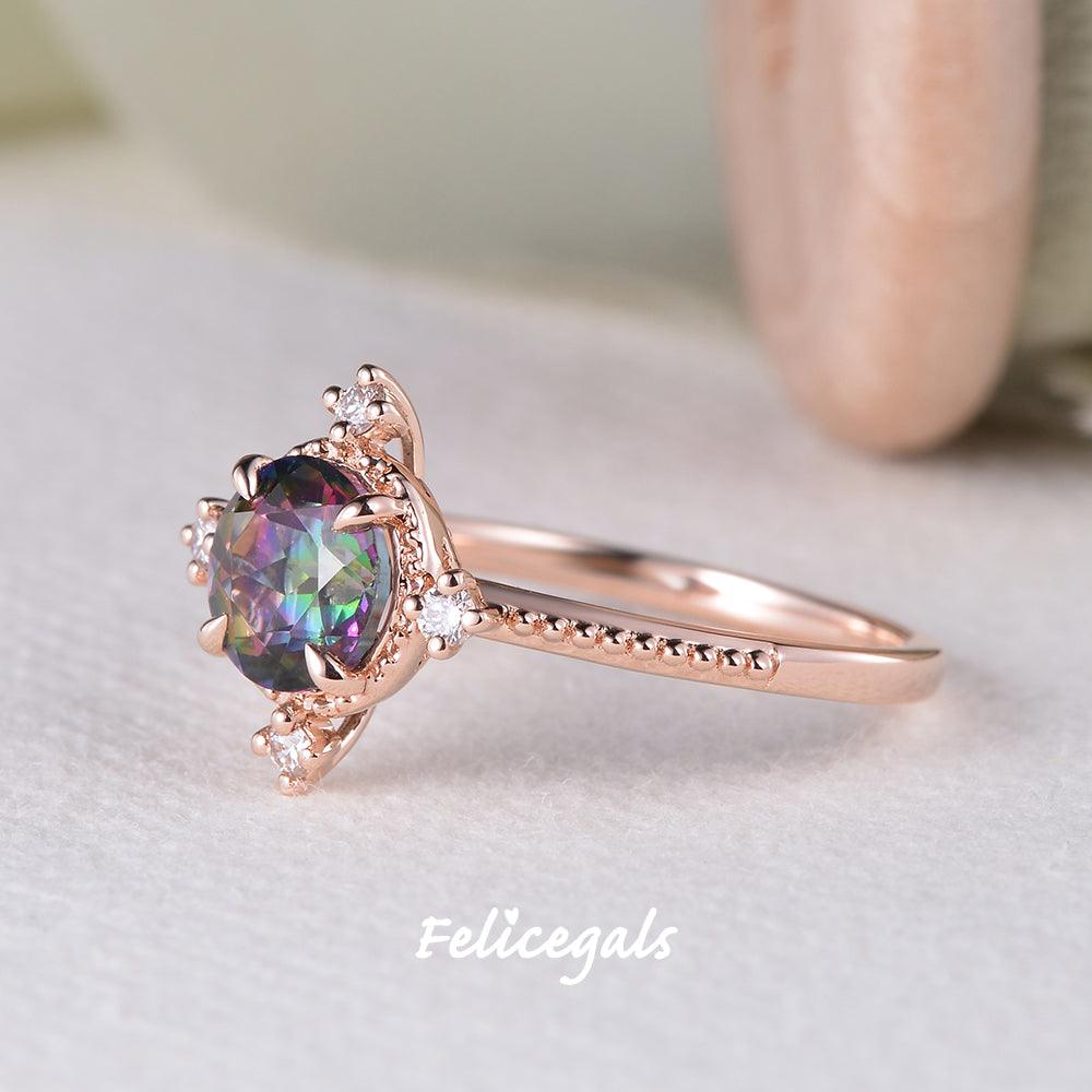 Vintage Inspired Mystic Topaz & Moissanite Rose gold Ring - Felicegals