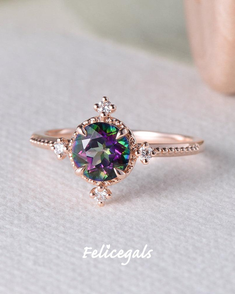 Vintage Inspired Mystic Topaz & Moissanite Rose gold Ring - Felicegals