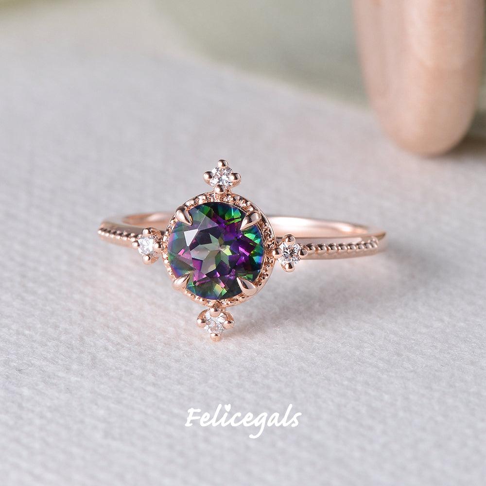 Vintage Inspired Mystic Topaz & Moissanite Rose gold Ring - Felicegals