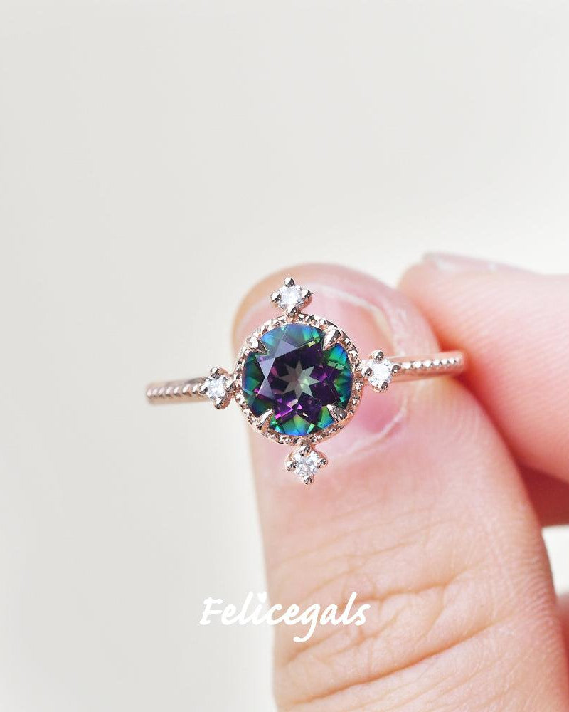 Vintage Inspired Mystic Topaz & Moissanite Rose gold Ring - Felicegals