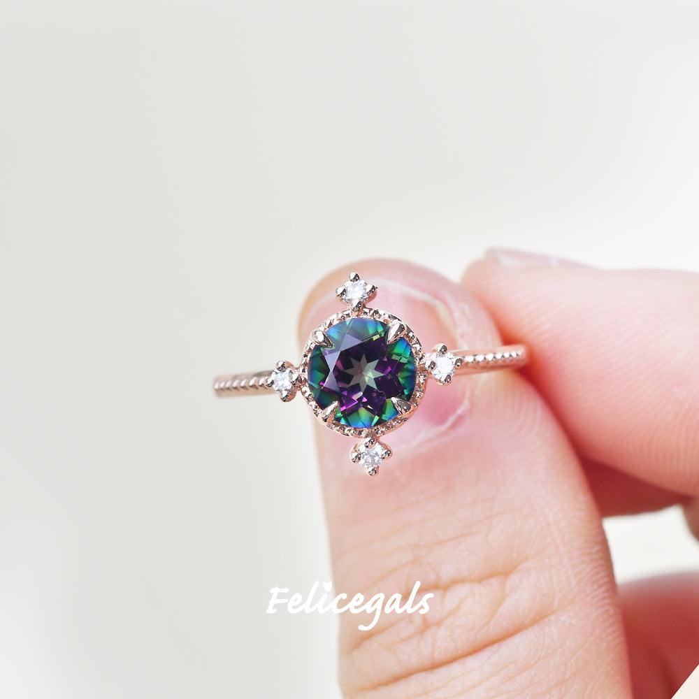 Vintage Inspired Mystic Topaz & Moissanite Rose gold Ring - Felicegals