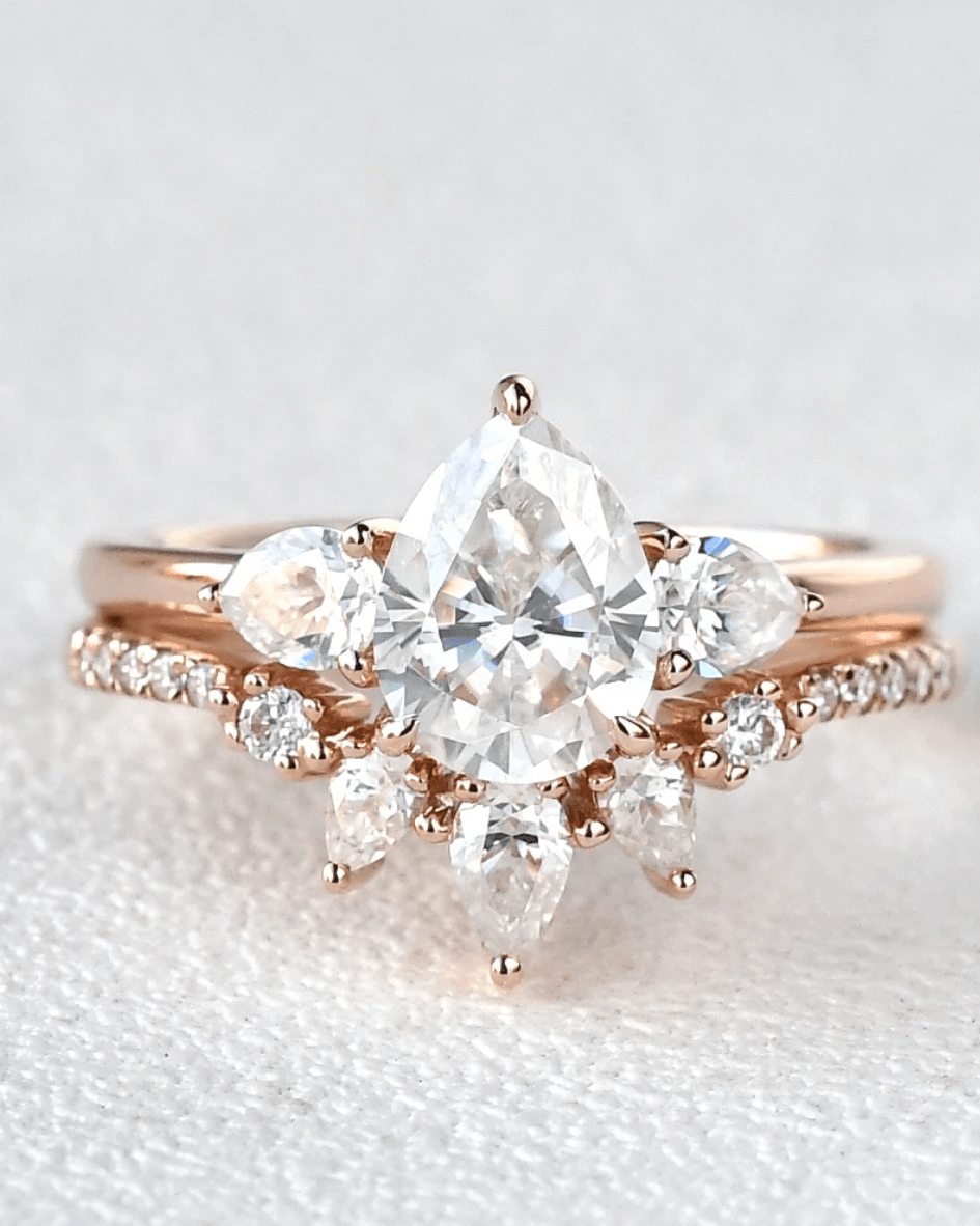 Custom ring for kbziemba2 / Pear Shaped Moissanite Three Stone Ring Set 2pcs - Felicegals