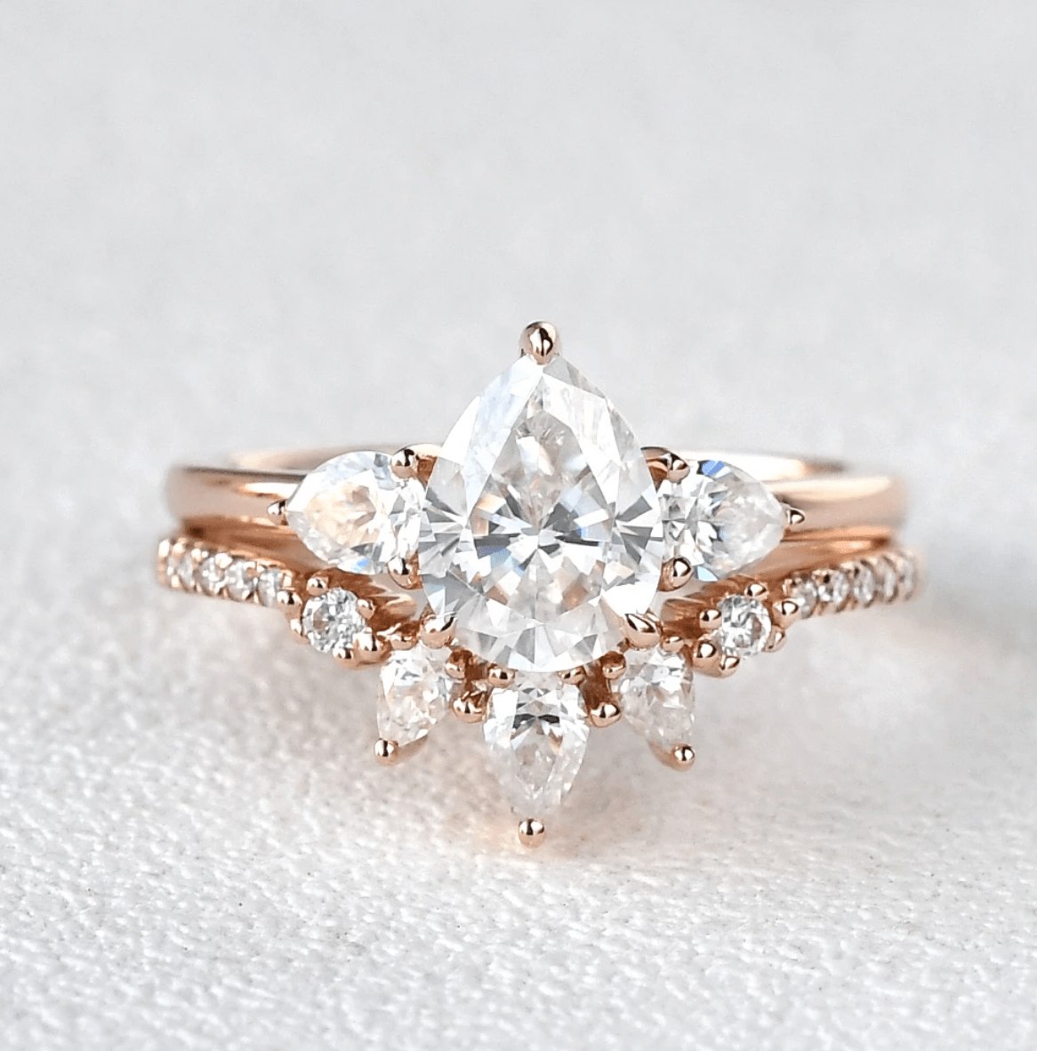 Custom ring for kbziemba2 / Pear Shaped Moissanite Three Stone Ring Set 2pcs - Felicegals