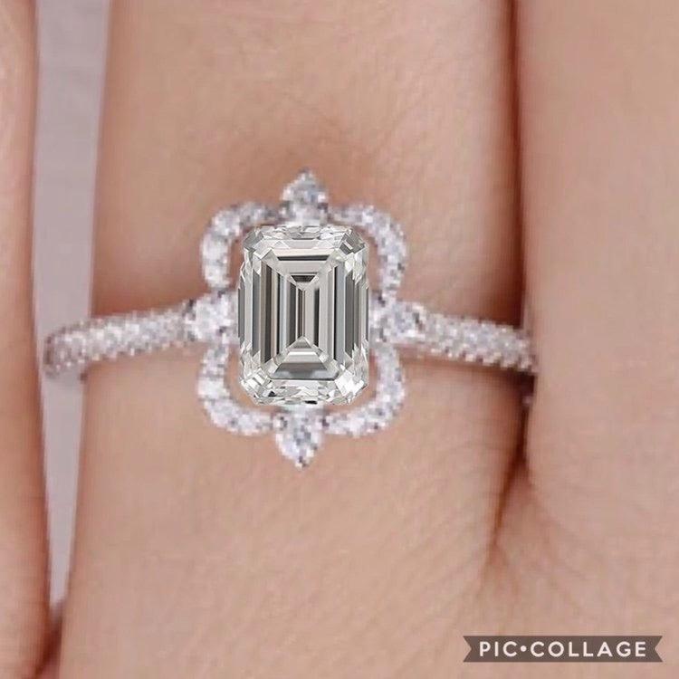 Custom ring for emily Emerald cut Moissanite White Gold Antique Ring/ 7 / Solid 14K White Gold - Felicegals