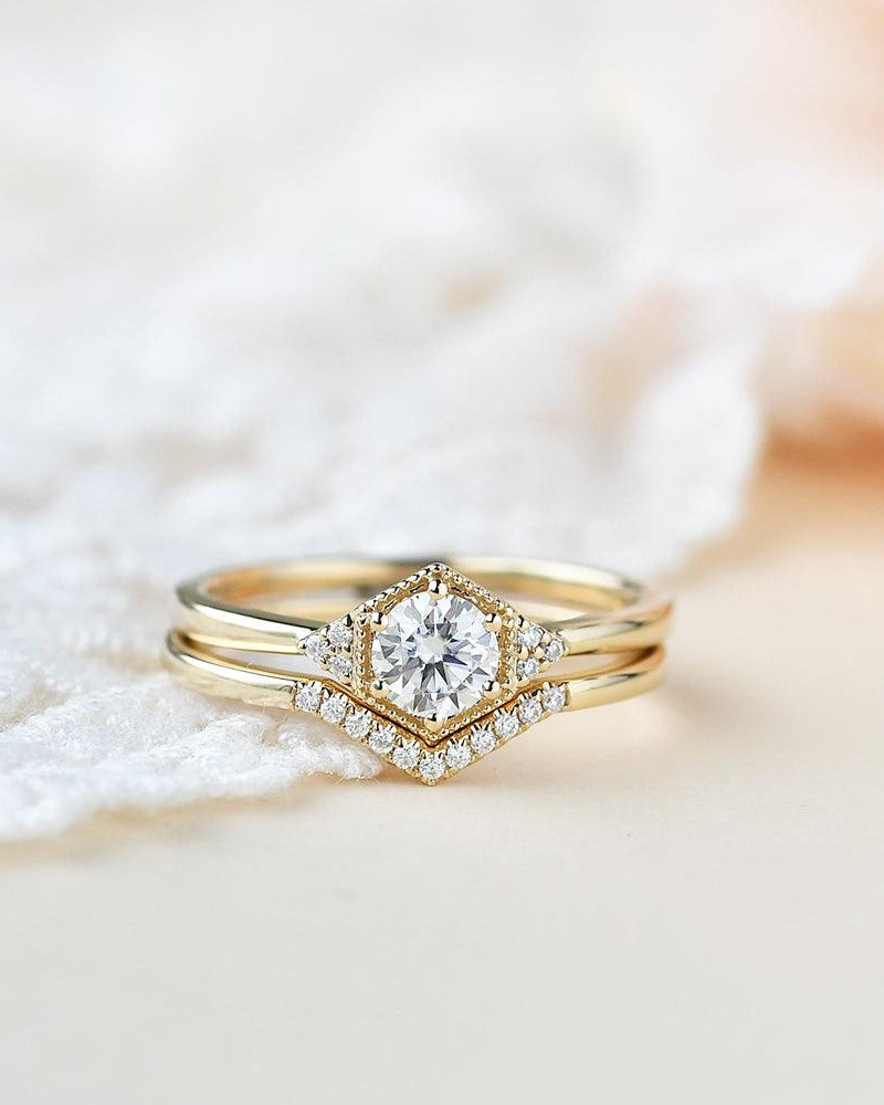 Geometric Moissanite Yellow Gold Ring Set 2pcs - Felicegals