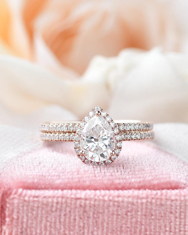 1.2ct Pear Shaped Moissanite White Gold Ring Set 2pcs - Felicegals