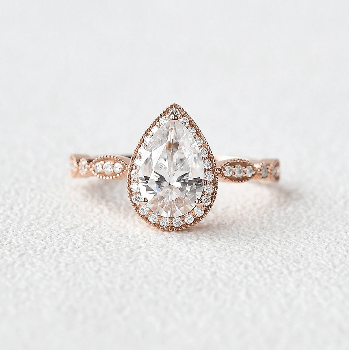 Custom ring for Tyler Fell 1.5ct Pear Cut Halo Colorless Moissanite Ring/ 6.5 / 14K Rose Gold - Felicegals