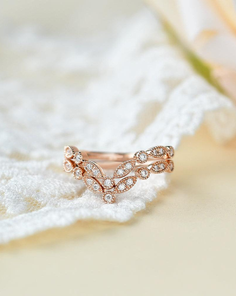 Moissanite Band V Shaped Rose Gold Ring Set 2pcs - Felicegals