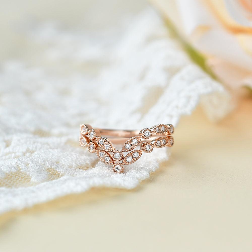 Moissanite Band V Shaped Rose Gold Ring Set 2pcs - Felicegals