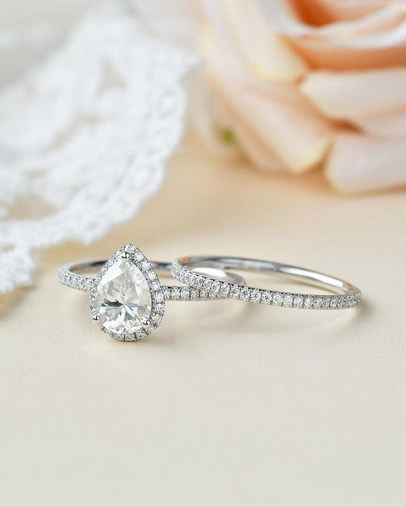 1.2ct Pear Shaped Moissanite White Gold Ring Set 2pcs - Felicegals 丨Wedding ring 丨Fashion ring 丨Diamond ring 丨Gemstone ring--Jewelry Is Forever