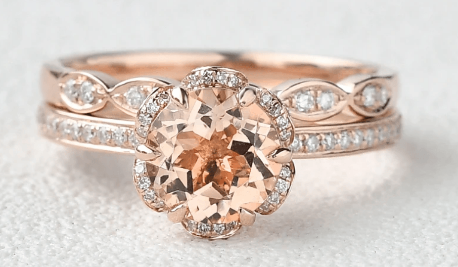 Custom ring for Indira Surujmohan / Morganite & Moissanite Wedding Ring Set 2pcs / 5.5 / Solid 14K Rose Gold - Felicegals 丨Wedding ring 丨Fashion ring 丨Diamond ring 丨Gemstone ring--Felicegals 丨Wedding ring 丨Fashion ring 丨Diamond ring 丨Gemstone ring