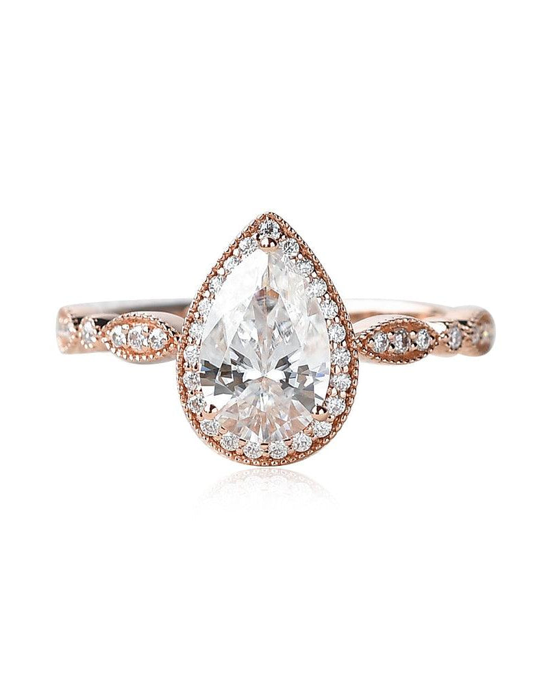 1.5ct Pear Cut Halo Colorless Moissanite Ring - Felicegals
