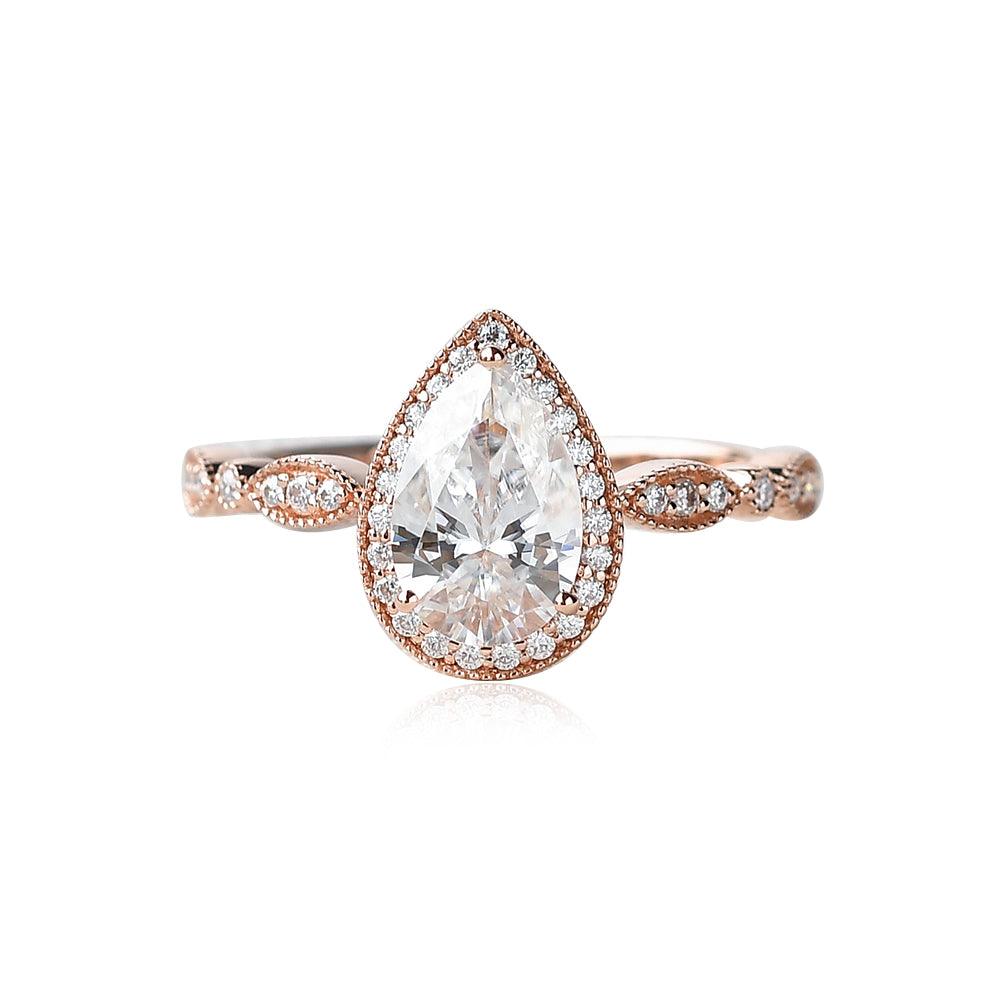 1.5ct Pear Cut Halo Colorless Moissanite Ring - Felicegals