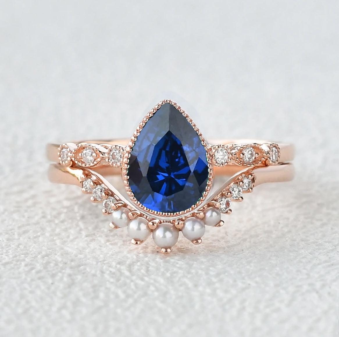 Custom ring for Michael Austin Custom Lab Sapphire Ring Set 2pcs / 8 / Solid 14K White Gold - Felicegals