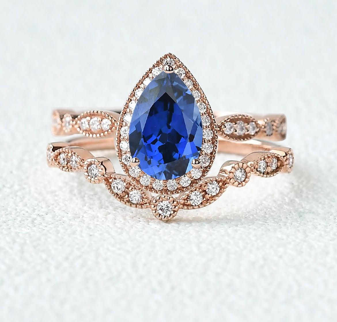 Custom ring for harleyncoffey/ Sapphire Halo Rose Gold Ring Set 2pcs / US 5.25 - Felicegals 丨Wedding ring 丨Fashion ring 丨Diamond ring 丨Gemstone ring--Felicegals 丨Wedding ring 丨Fashion ring 丨Diamond ring 丨Gemstone ring