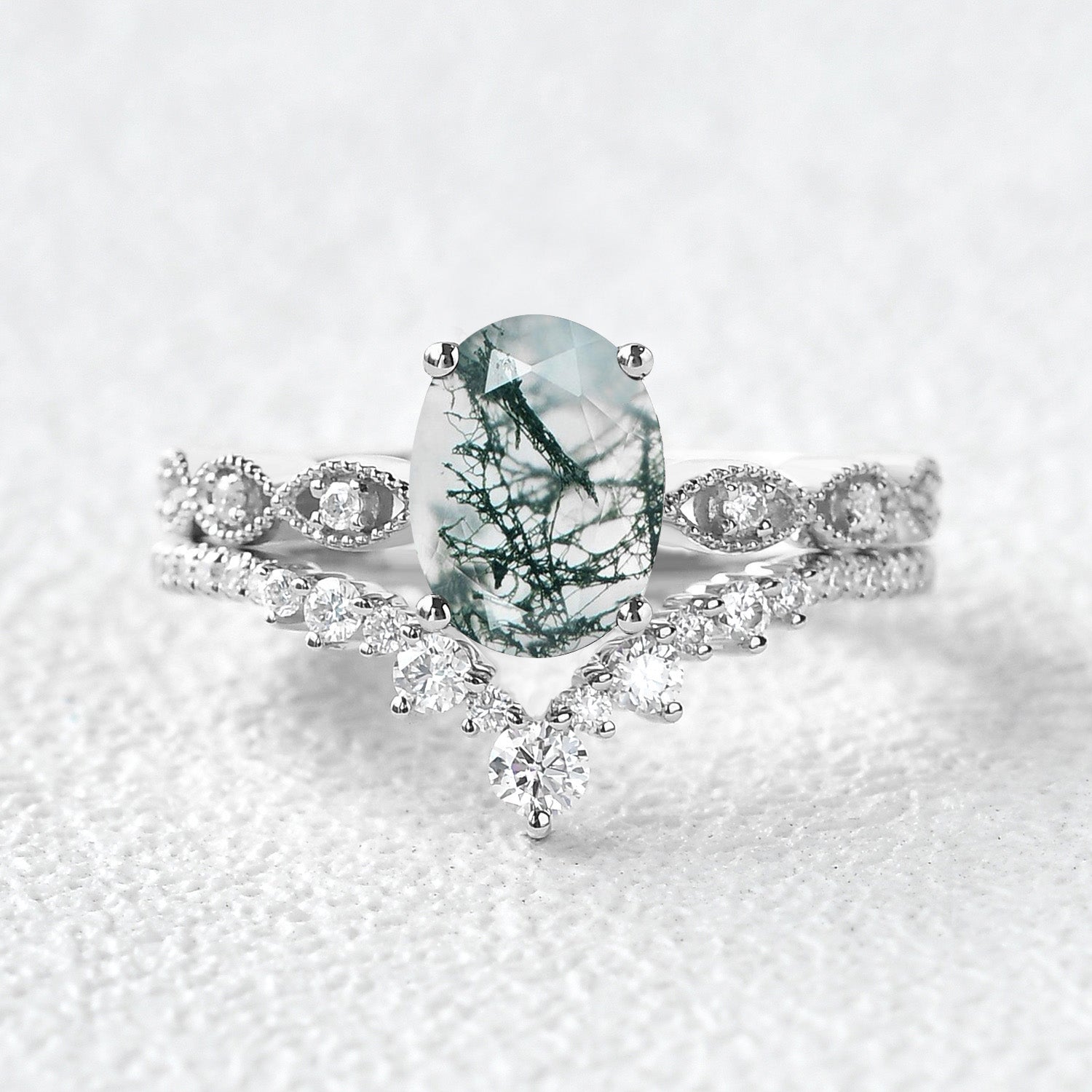 Unique Oval Moss Agate Signature Vintage Ring Set 2pcs