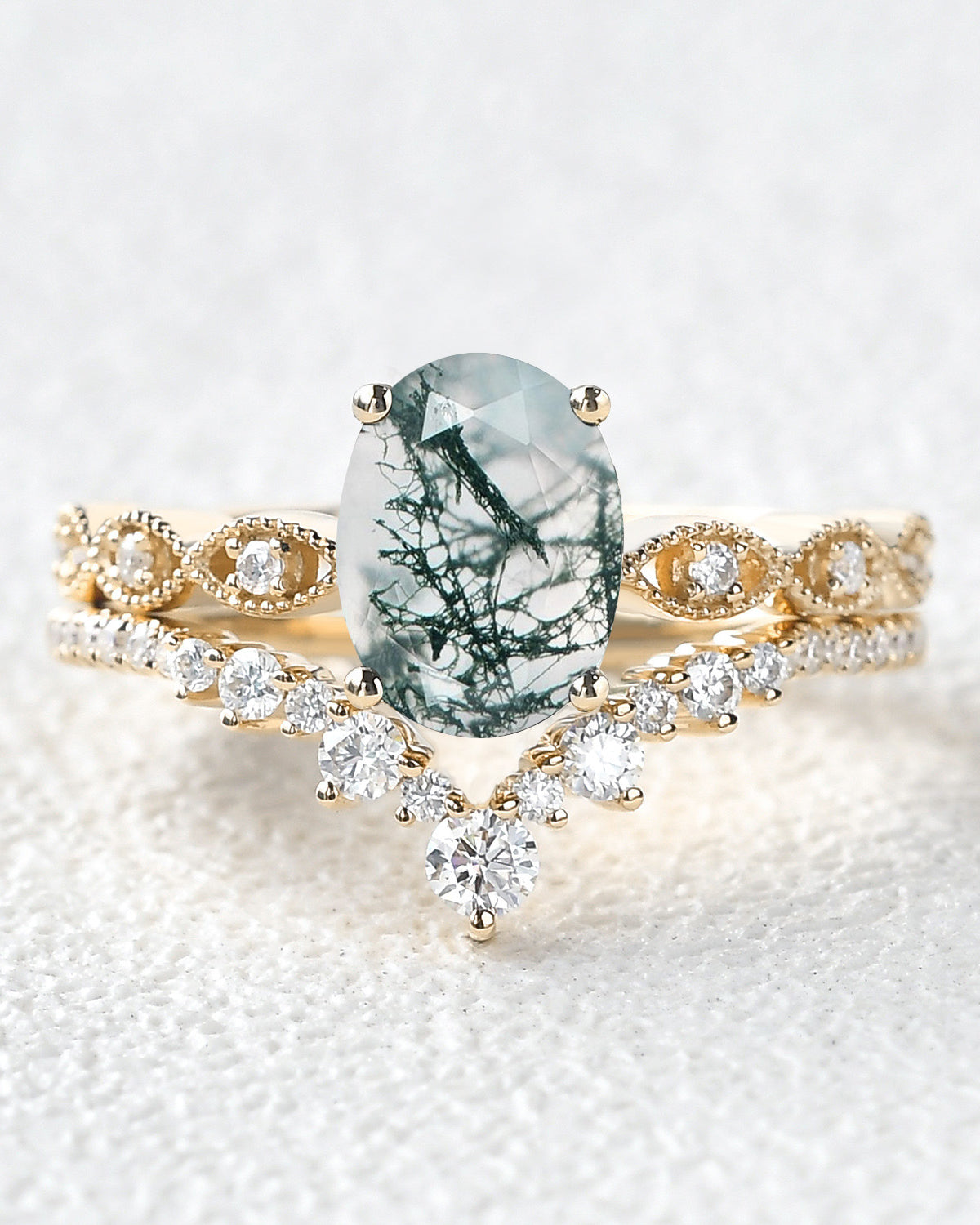 Unique Oval Moss Agate Signature Vintage Ring Set 2pcs