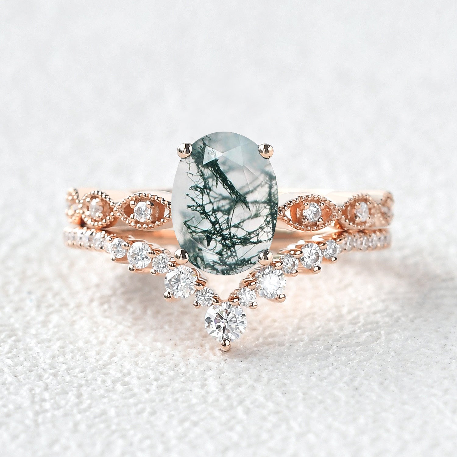 Unique Oval Moss Agate Signature Vintage Ring Set 2pcs