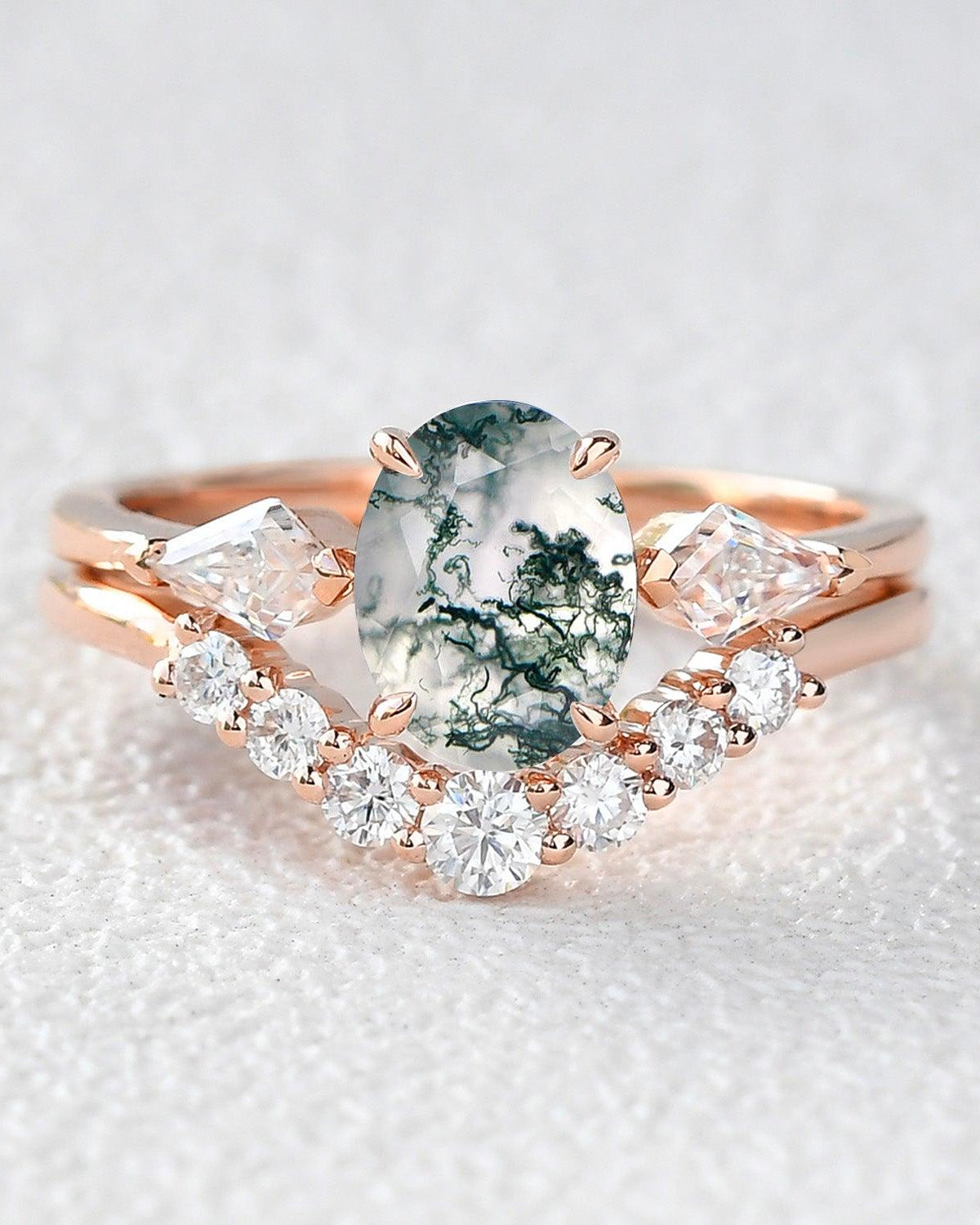 Oval Moss Agate Three Stone Engagement Ring Set 2pcs - Felicegals 丨Wedding ring 丨Fashion ring 丨Diamond ring 丨Gemstone ring