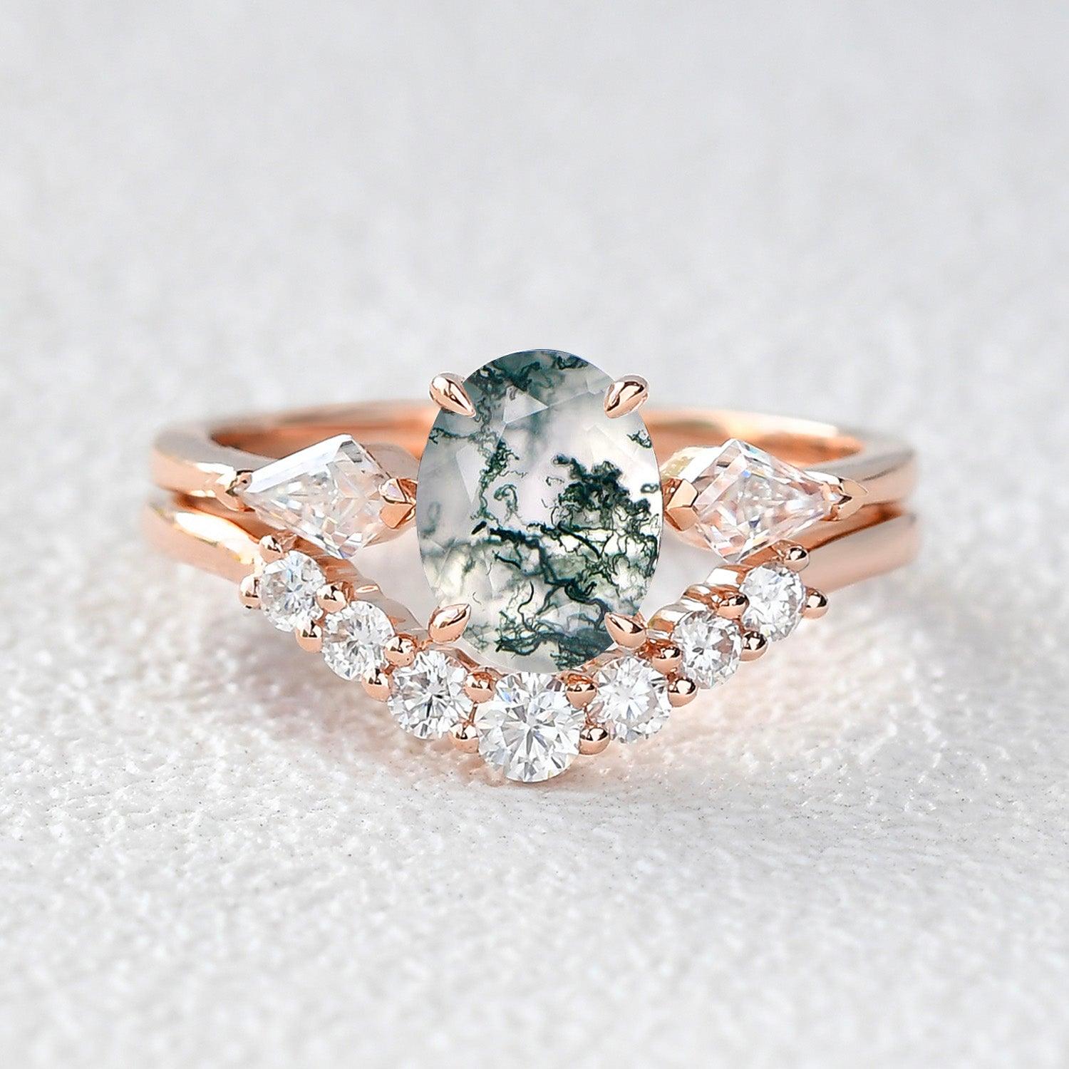 Oval Moss Agate Three Stone Engagement Ring Set 2pcs - Felicegals 丨Wedding ring 丨Fashion ring 丨Diamond ring 丨Gemstone ring