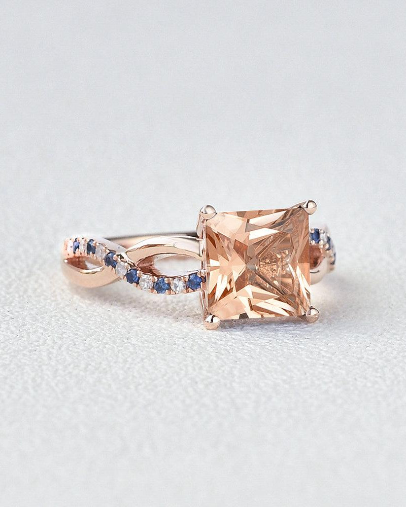Princess Cut Morganite & Sapphire Infinity Rose Gold Ring - Felicegals 丨Wedding ring 丨Fashion ring 丨Diamond ring 丨Gemstone ring--Felicegals