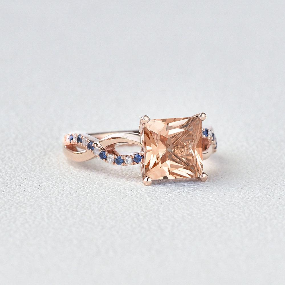 Princess Cut Morganite & Sapphire Infinity Rose Gold Ring - Felicegals 丨Wedding ring 丨Fashion ring 丨Diamond ring 丨Gemstone ring--Felicegals