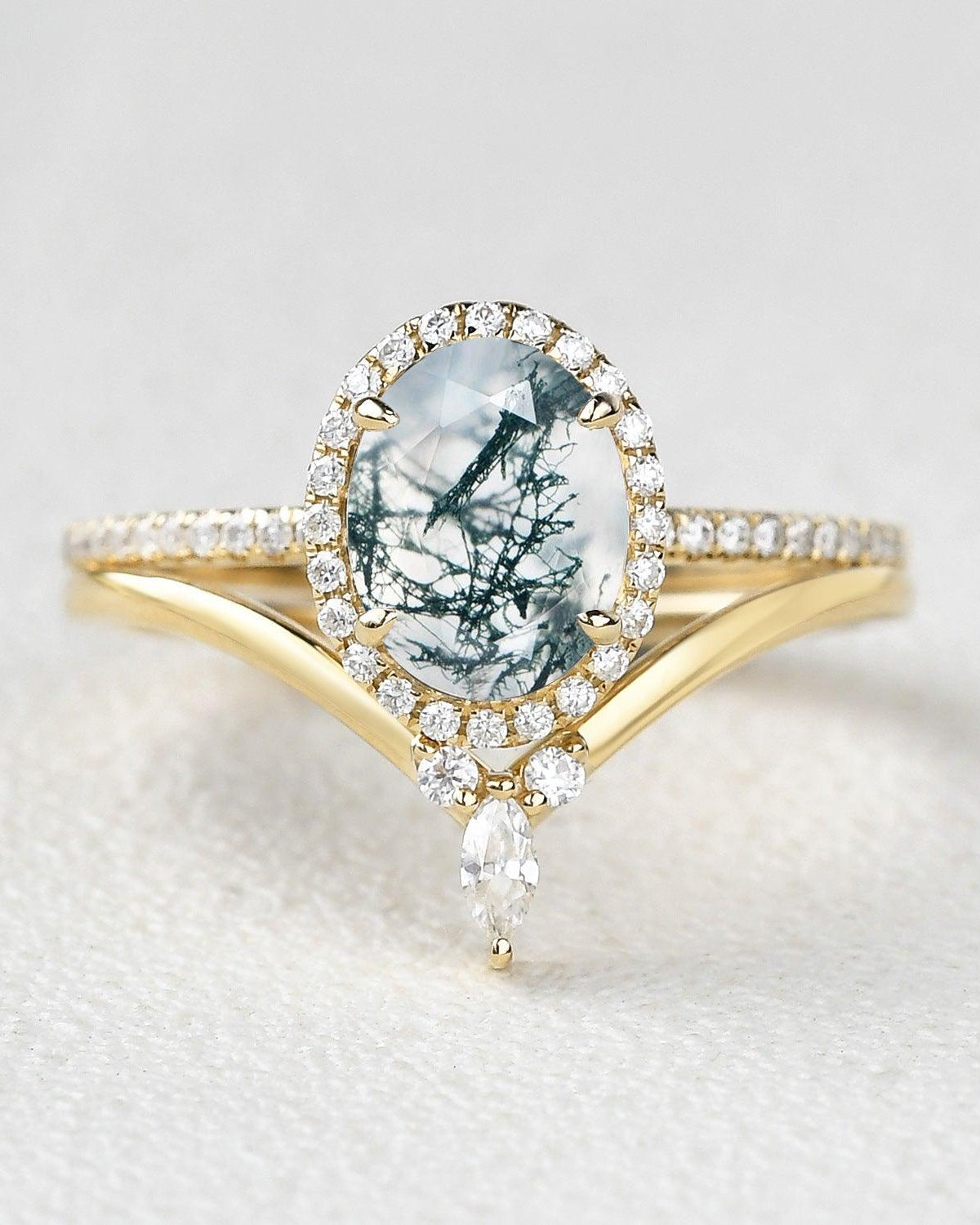 Oval Cut Moss Agate Halo Rose Gold Ring Set 2pcs - Felicegals 丨Wedding ring 丨Fashion ring 丨Diamond ring 丨Gemstone ring